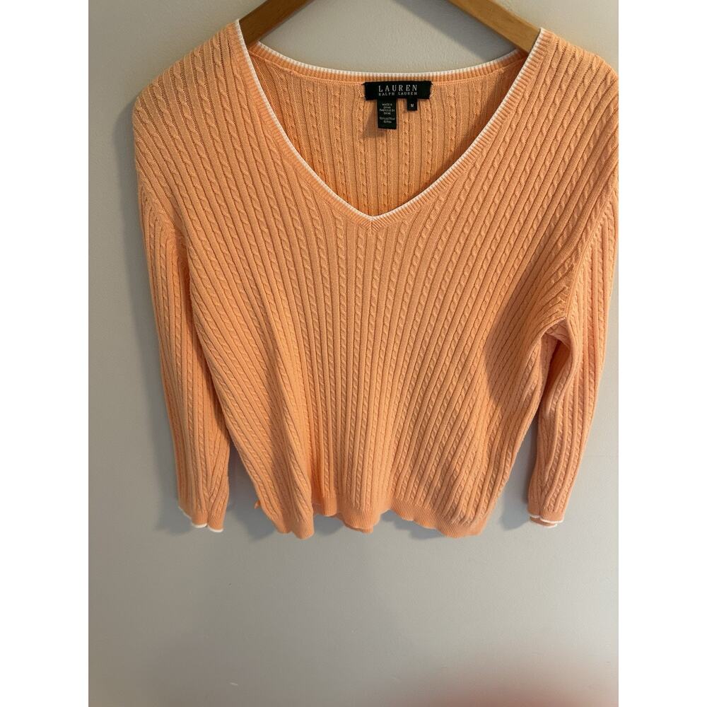 Preppy Coquette Cable Knit Sweater Ralph Lauren 100% Cotton V Neck Sz M Coral